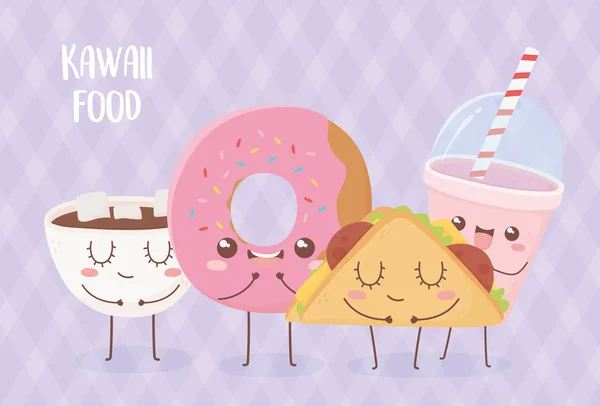 Donut chocolate cup donut taco smoothie kawaii food cartoon character design — Stockvektor
