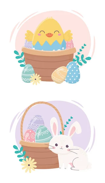 Happy easter day, bunny chicken basket eggs flowers cartoon — Stockvector