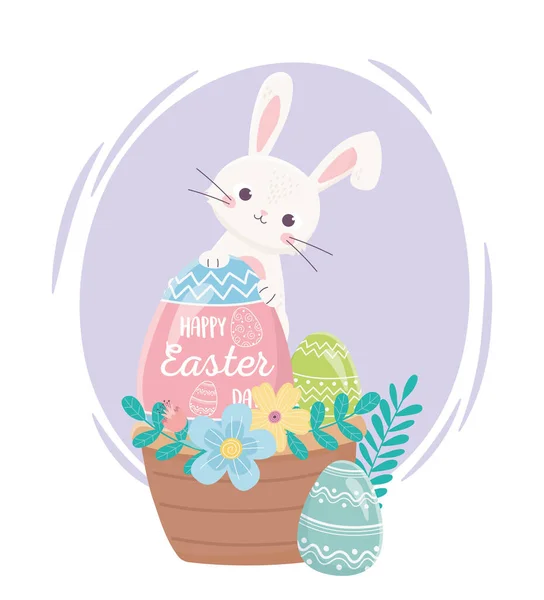 Happy easter day, rabbit eggs flowers leaves basket — Stockvektor