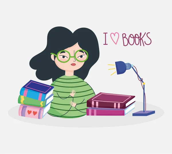 Día del libro, chica adolescente con gafas lámpara y libros — Archivo Imágenes Vectoriales