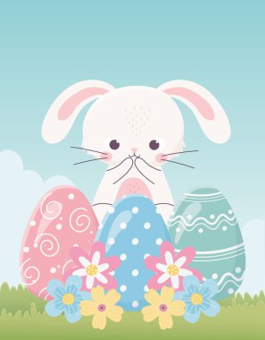 happy easter day, cute rabbit delicate eggs flowers grass