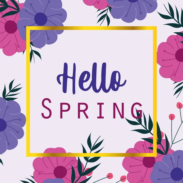 Hello spring, seasonal greeting card flowers frame decoration — стоковый вектор