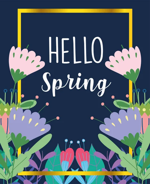 Hello spring, flowers leaves nature typographic style dark background — Stock Vector