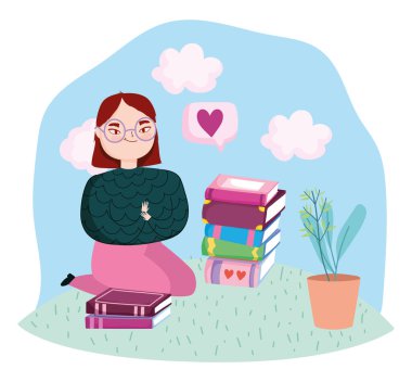 book day, teen girl with books and plant in pot