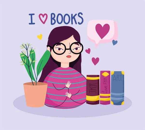Book day, teen girl love books and potted plant — 스톡 벡터