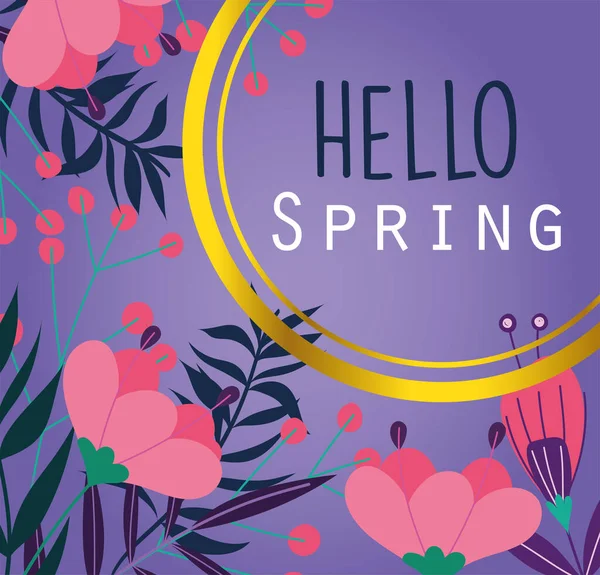 Hello spring, lettering beautiful flowers leaves purple background — Stock Vector
