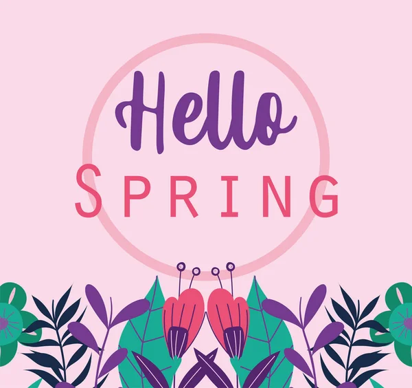 Hola primavera, frase flores hojas plantas decoración de temporada — Vector de stock
