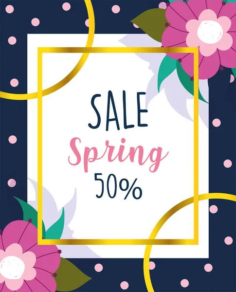 Spring sale, advertisement offer seasonal flowers dotted background — Stock Vector