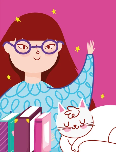 Día del libro, chica adolescente con gato blanco y libros — Vector de stock
