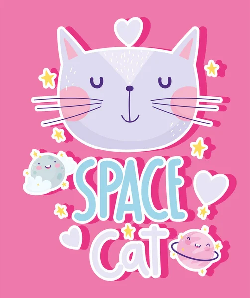 Space cat planets stars love cartoon cute text — Stockvector