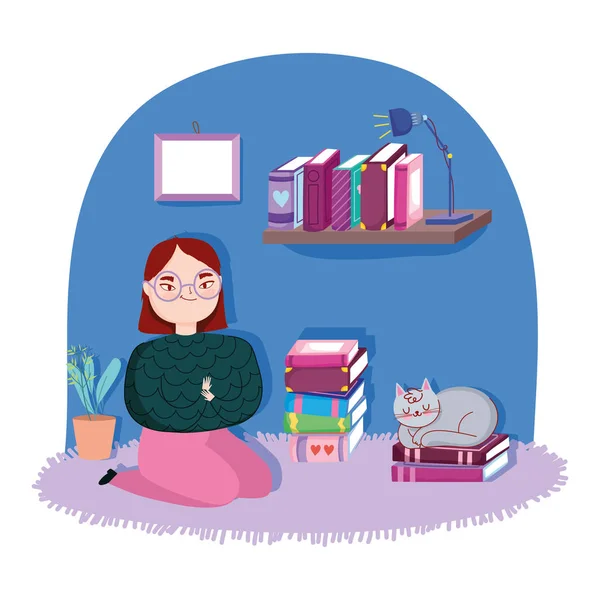 Día del libro, chica adolescente con gato y libros en la habitación — Vector de stock