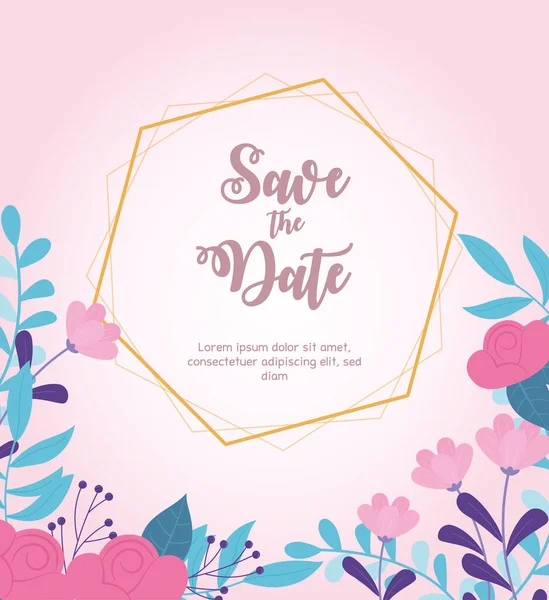 Flores boda, guardar la fecha, borde flores decorativas fondo rosa — Vector de stock