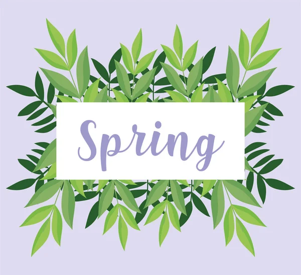 Hello spring, lettering banner foliage leaves ornament decoration — Stock Vector