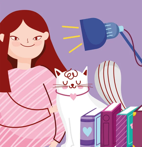 Día del libro, chica adolescente con gato y libros — Vector de stock