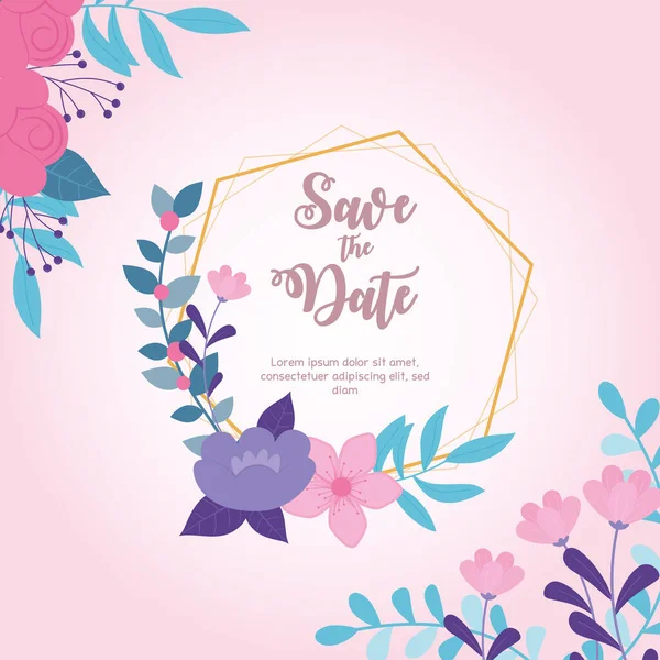 Mariage de fleurs, enregistrer la date, cadre décoration florale ornement carte nature — Image vectorielle