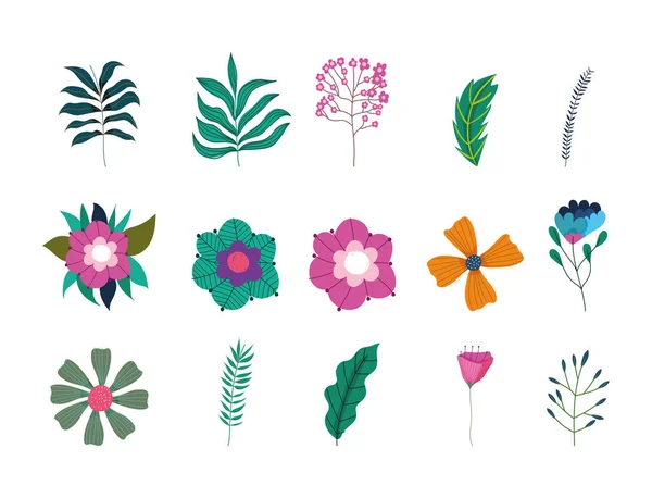 Vendita primavera, foglie fiori rami fogliame natura icone botaniche — Vettoriale Stock