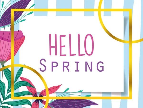 Hello spring, flowers nature gold frame decoration design — Stock Vector