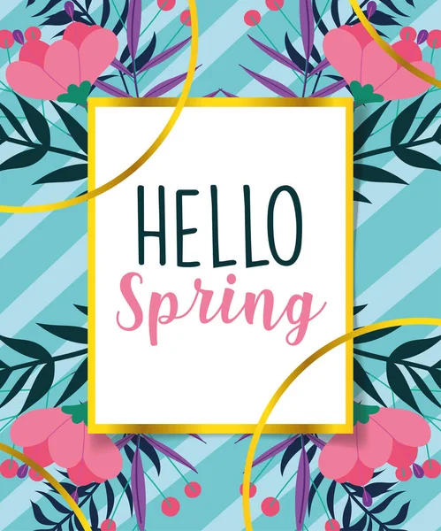 Hello spring, greeting card flowers ribbon stripes background — Stock Vector