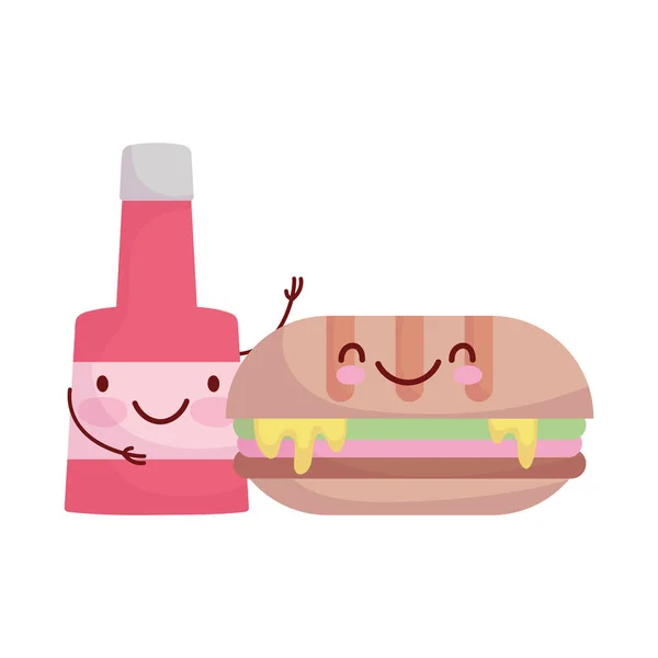 Sanduíche e molho garrafa personagem cartoon comida — Vetor de Stock