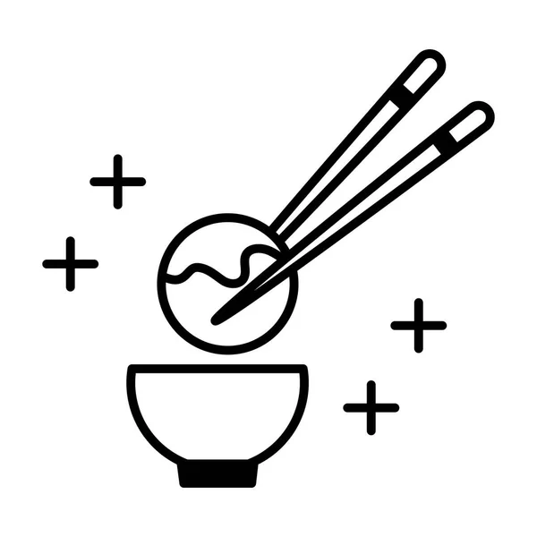Sushi oriental menu tongkat bola gurita dan ikon garis mangkuk - Stok Vektor