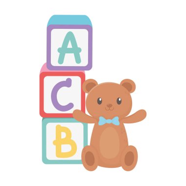 kids zone, alphabet blocks teddy bear and cartoon toys