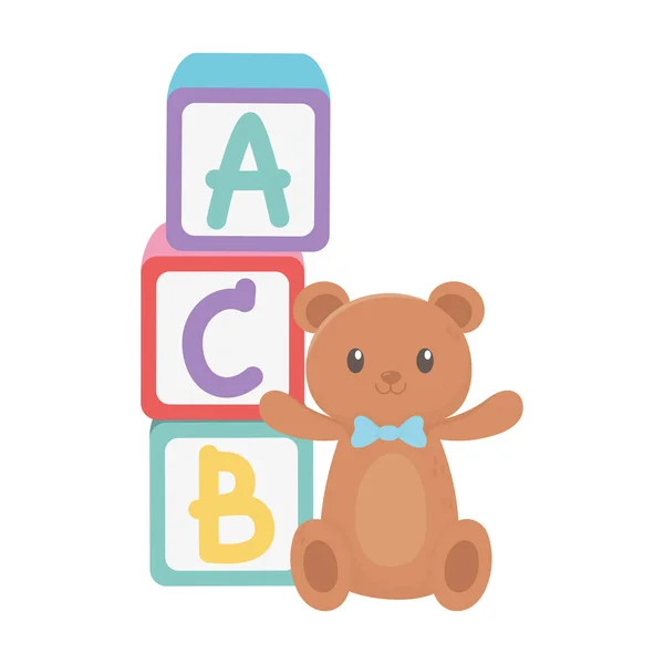 Kids zone, alphabet blocks teddy bear and cartoon toys — Stock Vector