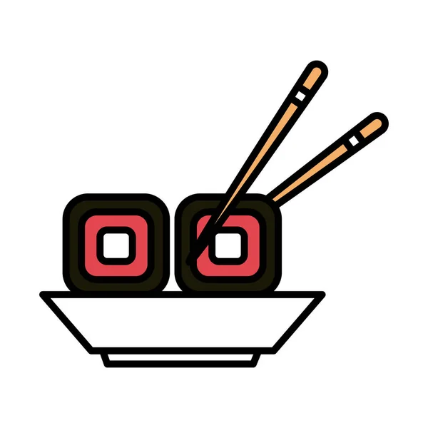 Rollos de sushi menú oriental en plato con palillos de línea y el icono de estilo de relleno — Vector de stock