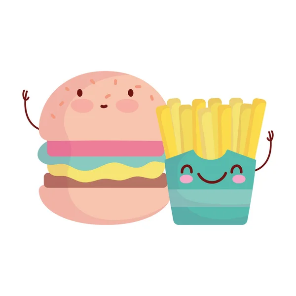 Hamburger e patatine fritte menu personaggio cartone animato cibo carino — Vettoriale Stock