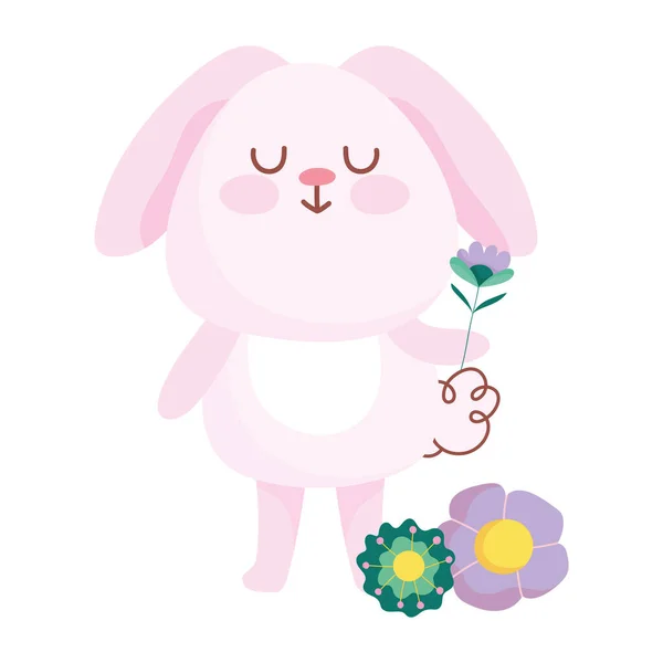 Feliz Pascua conejo rosa con flores decoración de dibujos animados — Archivo Imágenes Vectoriales