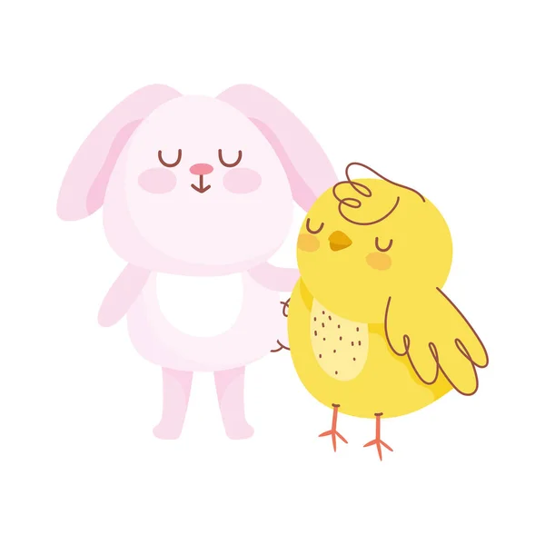 Feliz conejo rosa de Pascua con dibujos animados de pollo — Vector de stock