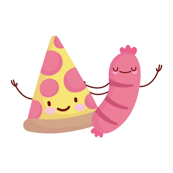 Pizza e salsicha personagem menu cartoon comida bonito — Vetor de Stock