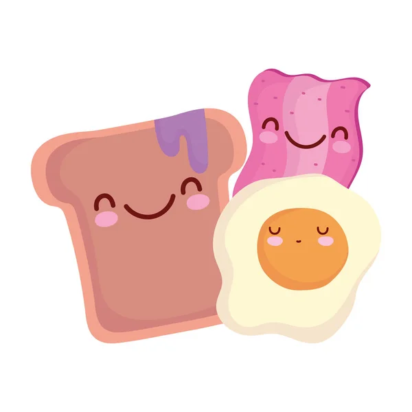 Bacon fried egg and bread with jam menu character cartoon food cute — Stok Vektör