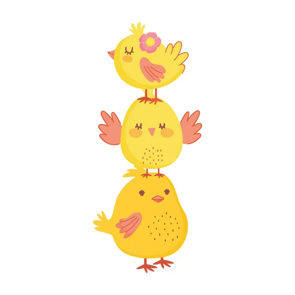Happy easter cute pile of chickens flower cartoon decoration — Stockvector