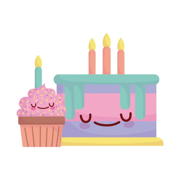 Bolo de aniversário e cupcake com velas menu personagem dos desenhos animados comida bonito — Vetor de Stock
