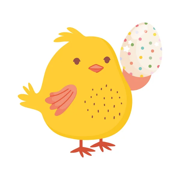 Felice Pasqua, pollo carino tenendo punteggiato decorazione uovo — Vettoriale Stock