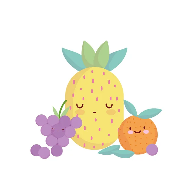 Piña naranja y uvas menú carácter dibujos animados alimentos lindo — Vector de stock