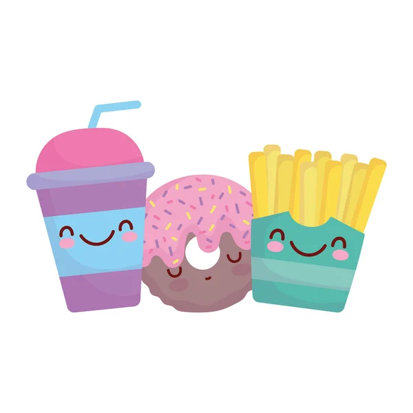 French fries donut and disposable cup menu character cartoon food cute — Stock vektor