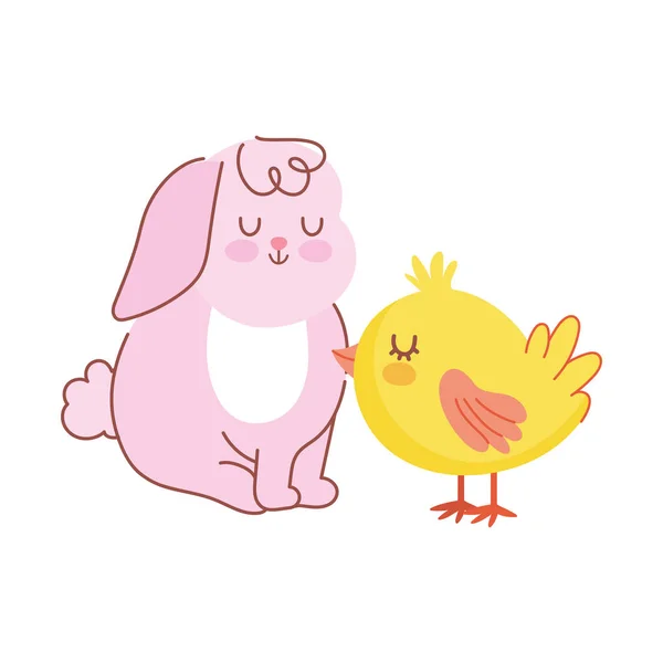 Feliz Pascua conejo rosa sentado con dibujos animados de pollo — Vector de stock