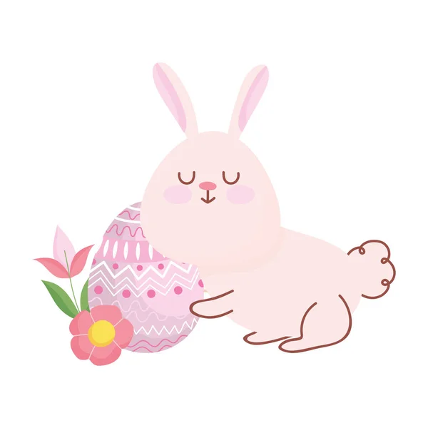 Heureux lapin de Pâques mignon avec des fleurs et décoration d'oeuf — Image vectorielle