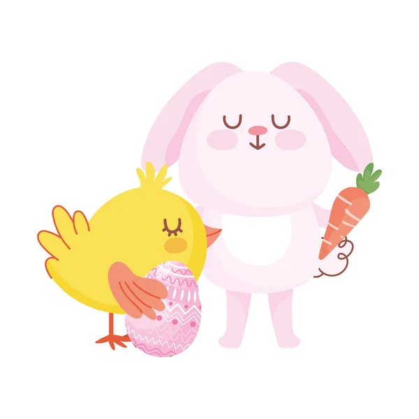 Feliz Pascua rosa conejito de pollo con huevo zanahoria dibujos animados — Archivo Imágenes Vectoriales