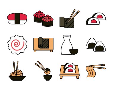 sushi oriental menu icons set line and fill style icon
