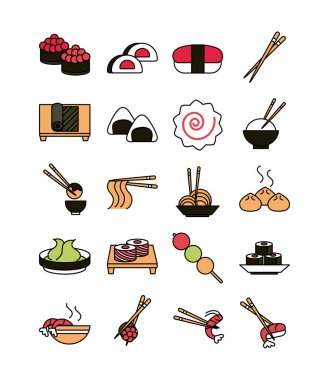 sushi oriental menu icons set line and fill style icon