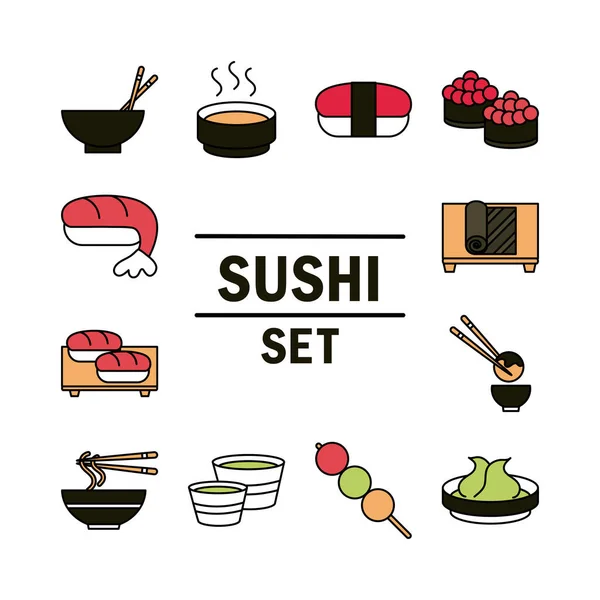 Sushi oriental japanese menu traditonal food icons set line and fill style icon — 스톡 벡터