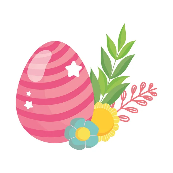 Feliz Pascua rayas flores de huevo rosa follaje decoración — Vector de stock