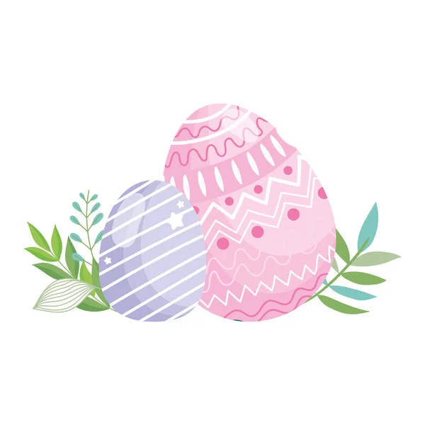 Feliz Pascua rosa y púrpura huevos decoración follaje — Vector de stock