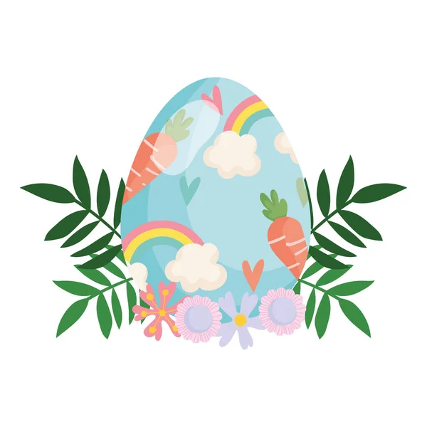 Happy easter painted egg with carrots and rainbow floral flower decoration — Stock Vector