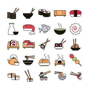 sushi oriental menu icons set line and fill style icon