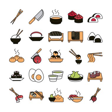 sushi oriental menu icons set line and fill style icon