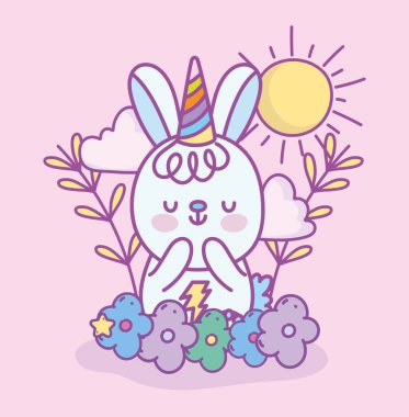 cute little rabbit with hat flowers sun cartoon