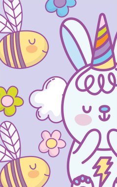 cute lovely bunny party hat bees flowers cloud cartoon